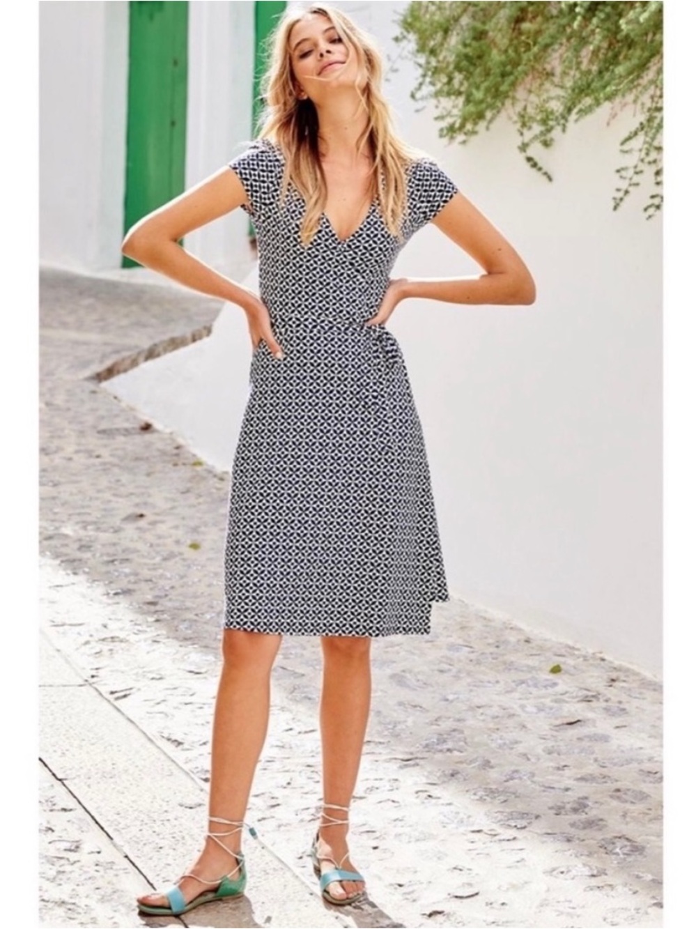 Boden Wrap Dress Midi Length Navy White Geo Print Cap Sleeve 12 L Preppy Resort